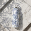 Toile Fleurie 25 oz Insulated Bottle | Blue French Toile on a marble background