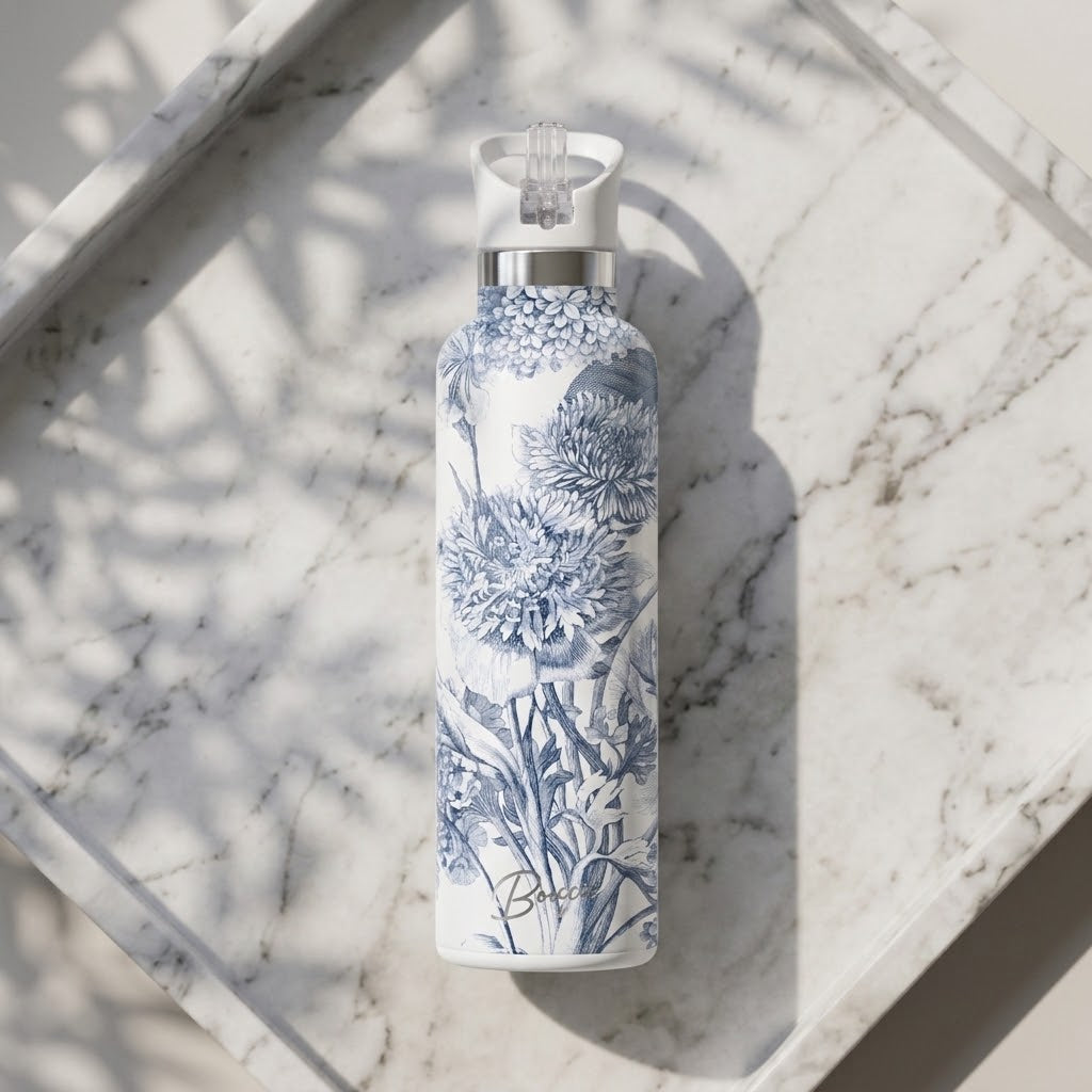 Toile Fleurie 25 oz Insulated Bottle | Blue French Toile on a marble background