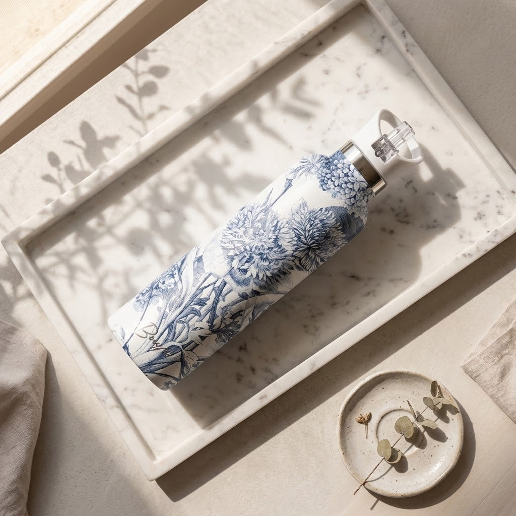 Toile Fleurie 25 oz Insulated Bottle | Blue French Toile on a marble tray with cloths and a plate