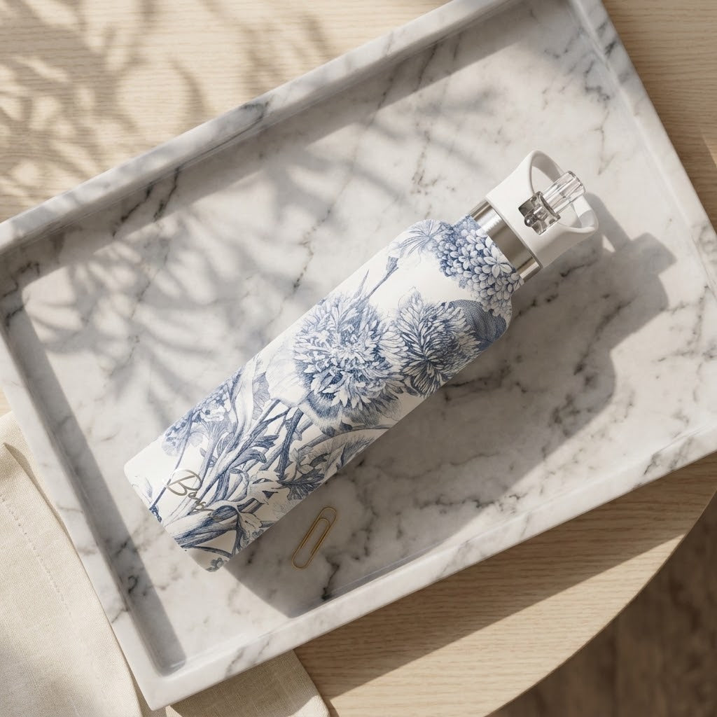 Toile Fleurie 25 oz Insulated Bottle | Blue French Toile on a marble tray atop a table