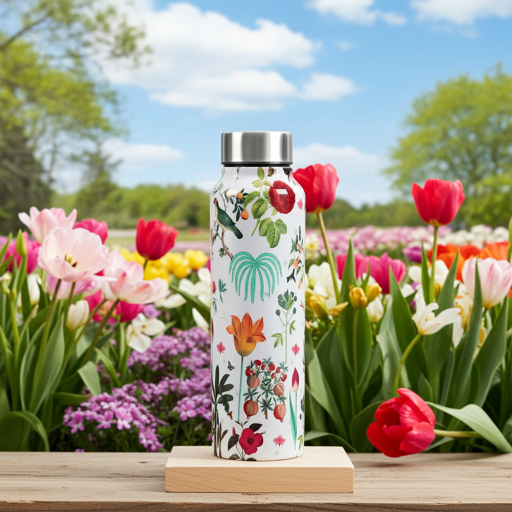 Petal and Plume Big Steel Bottle 750 mL in a spring field of wildflowers