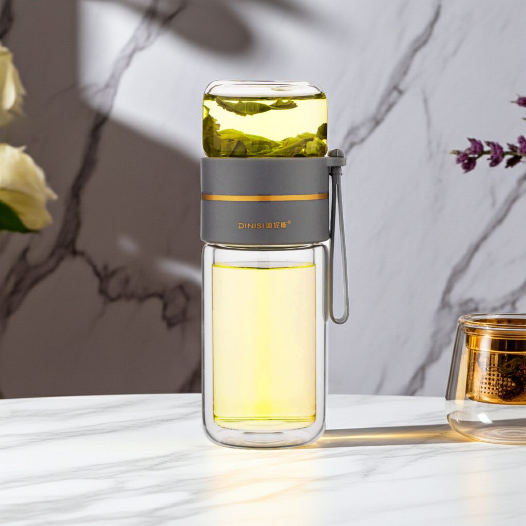 Glass Water Bottle With Tea Infuser on a table next to a bowl and houseplants