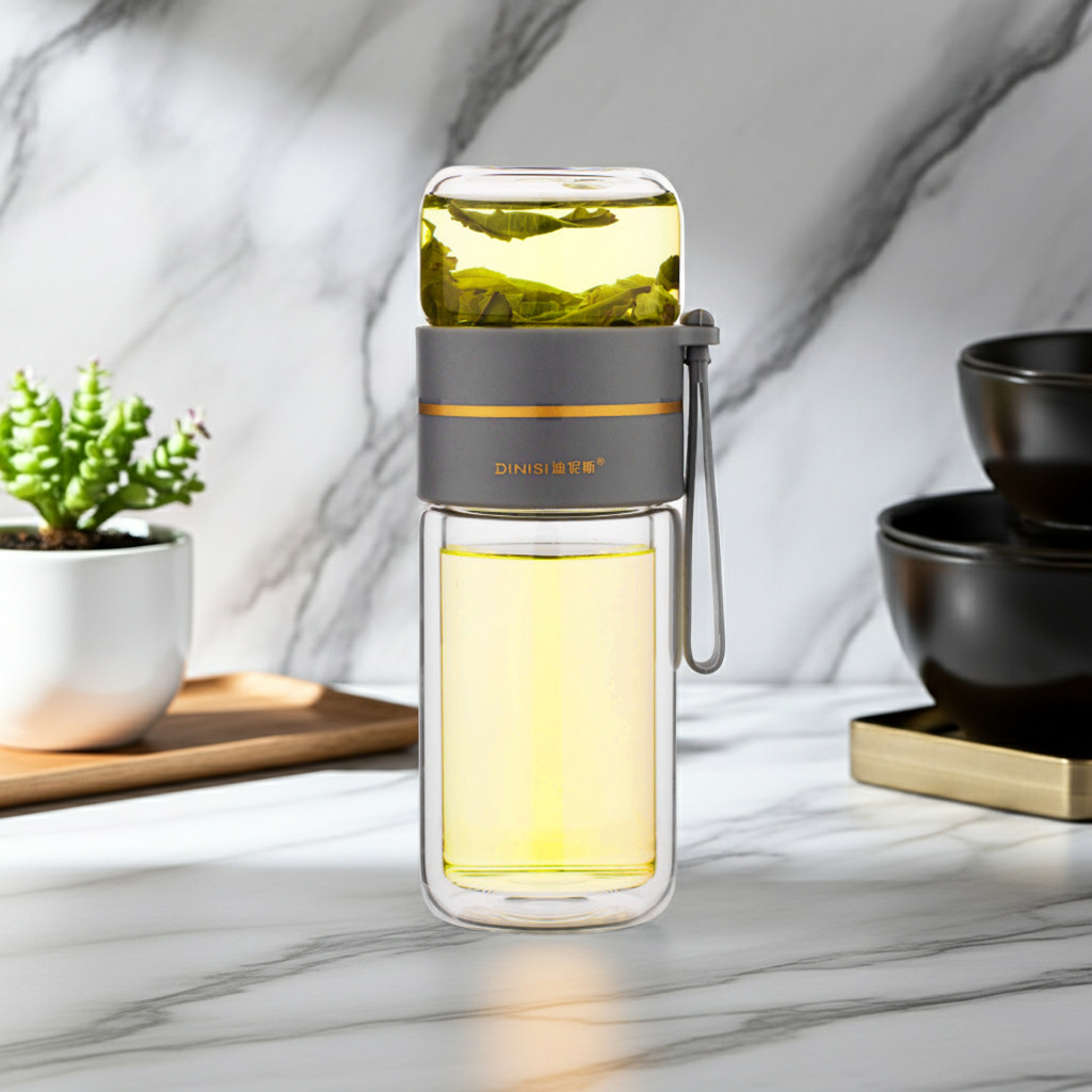 Glass Water Bottle With Tea Infuser in a kitchen with bowls and a houseplant