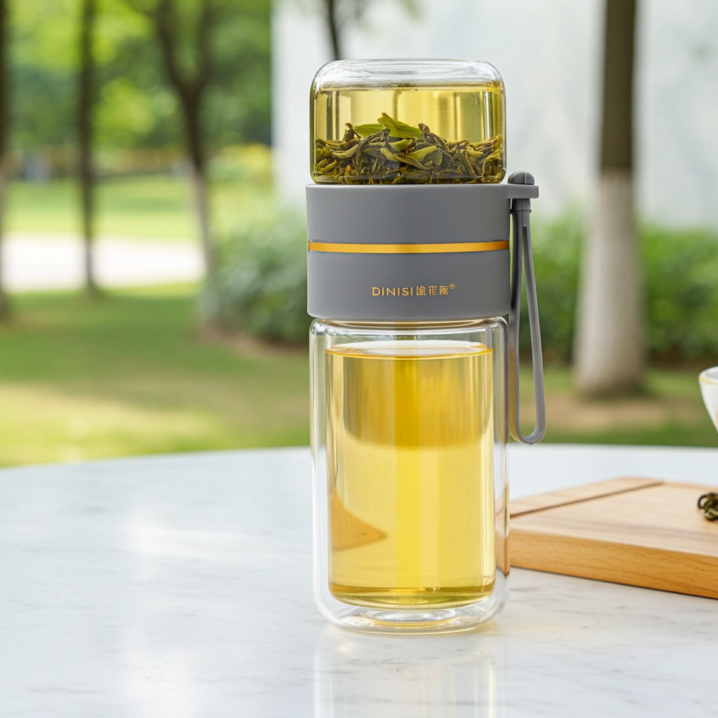 Glass Water Bottle With Tea Infuser on a backyard patio 