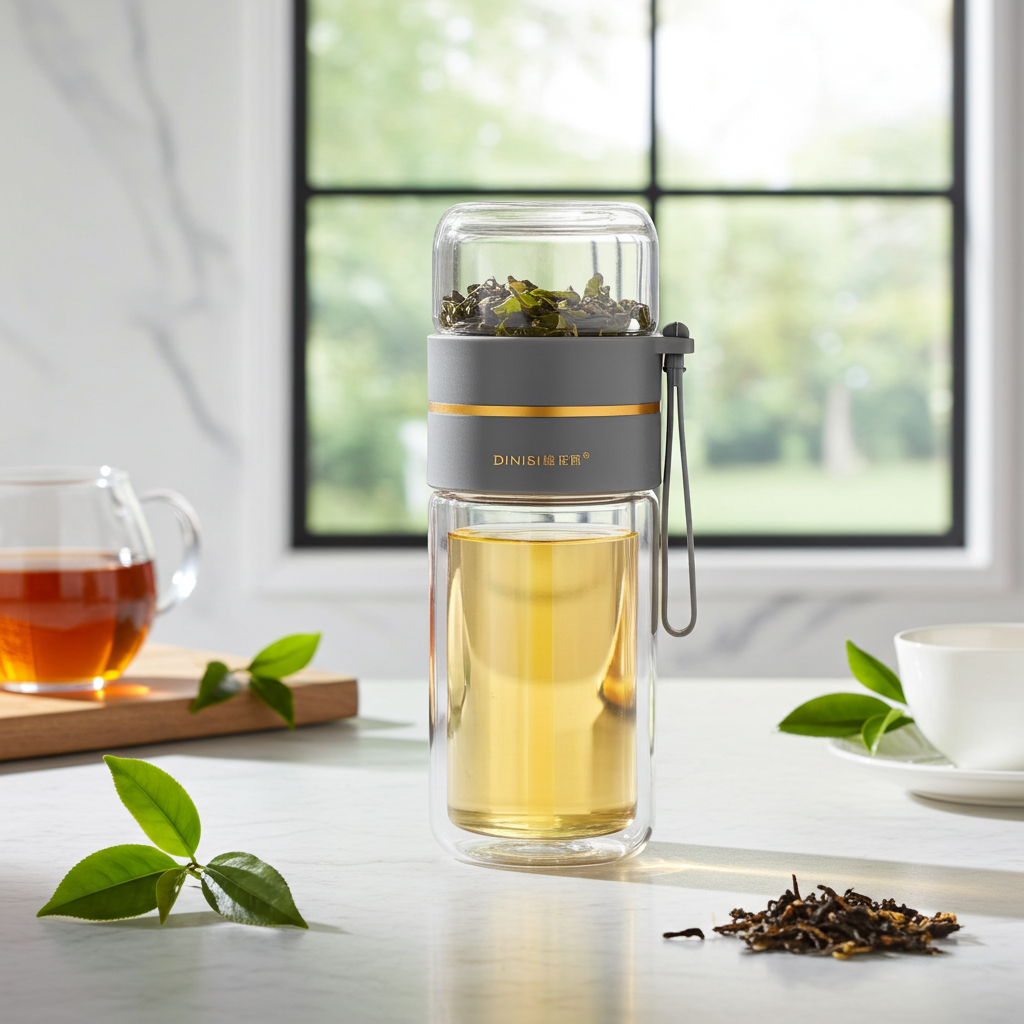 Glass Water Bottle With Tea Infuser with tea served in a kitchen