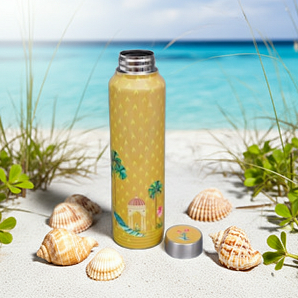 The Palm & Shore bottle stands on white sand with seashells and beach grass, with turquoise ocean water and a pale blue sky in the background. The bottle cap is placed beside it.