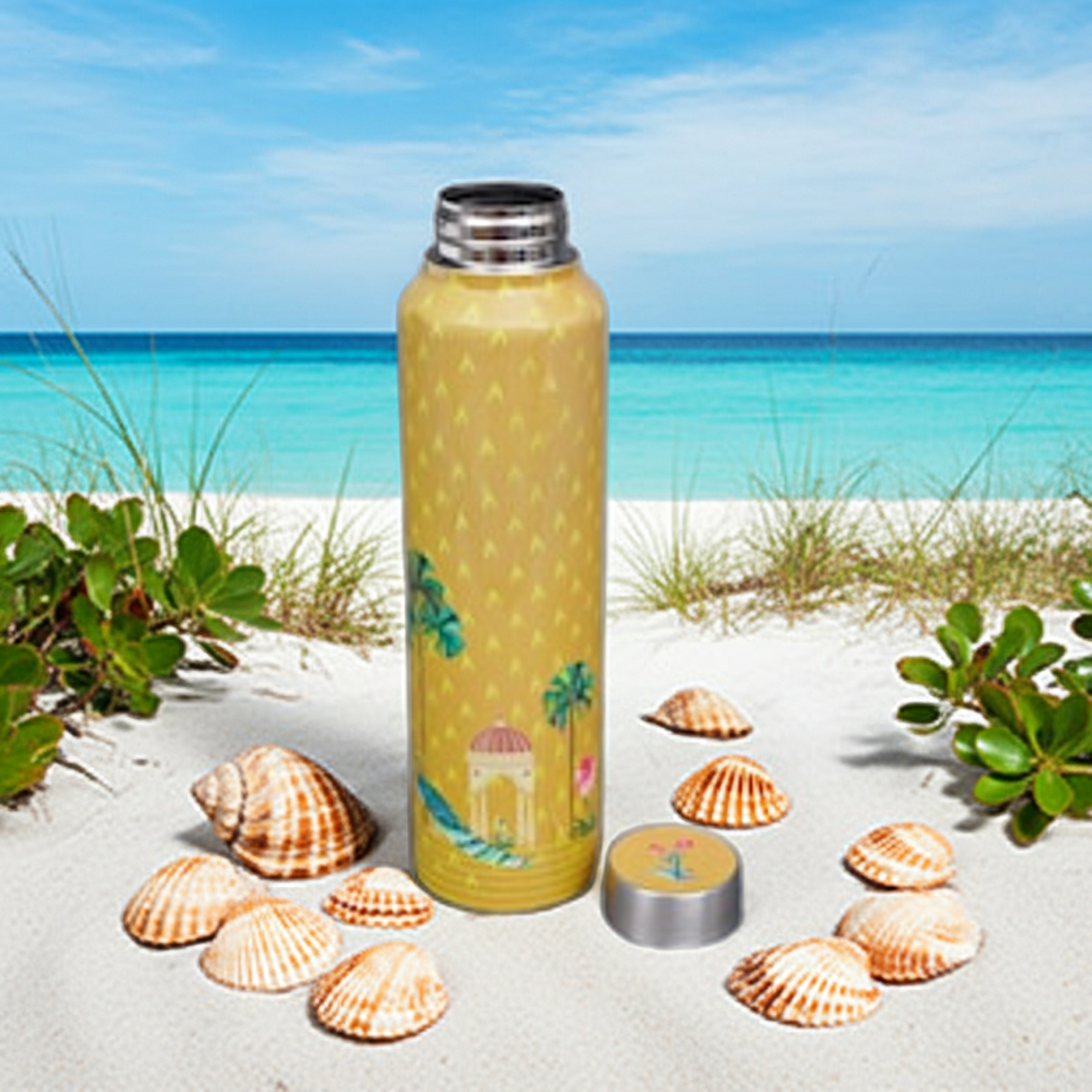The Palm & Shore bottle stands on a sandy beach with seashells, beach grass, and a turquoise ocean in the background. The bottle cap is placed beside it on the sand.