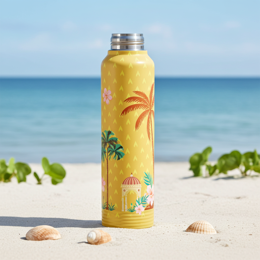 Palm & Shore bottle standing on a sandy beach with the ocean and sky in the background.