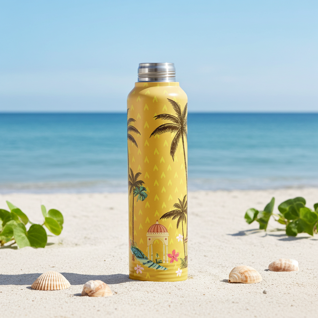The Palm & Shore bottle stands on a sandy beach with shells and green leaves in the foreground, and the ocean and blue sky behind it.