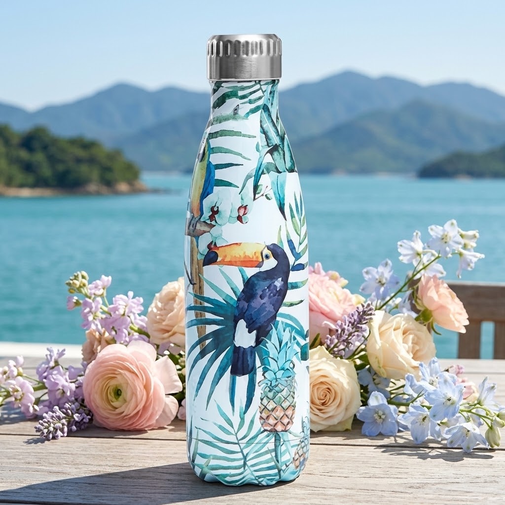 Tropical Stainless Steel Bottle — 500ml on a table overlooking a lake