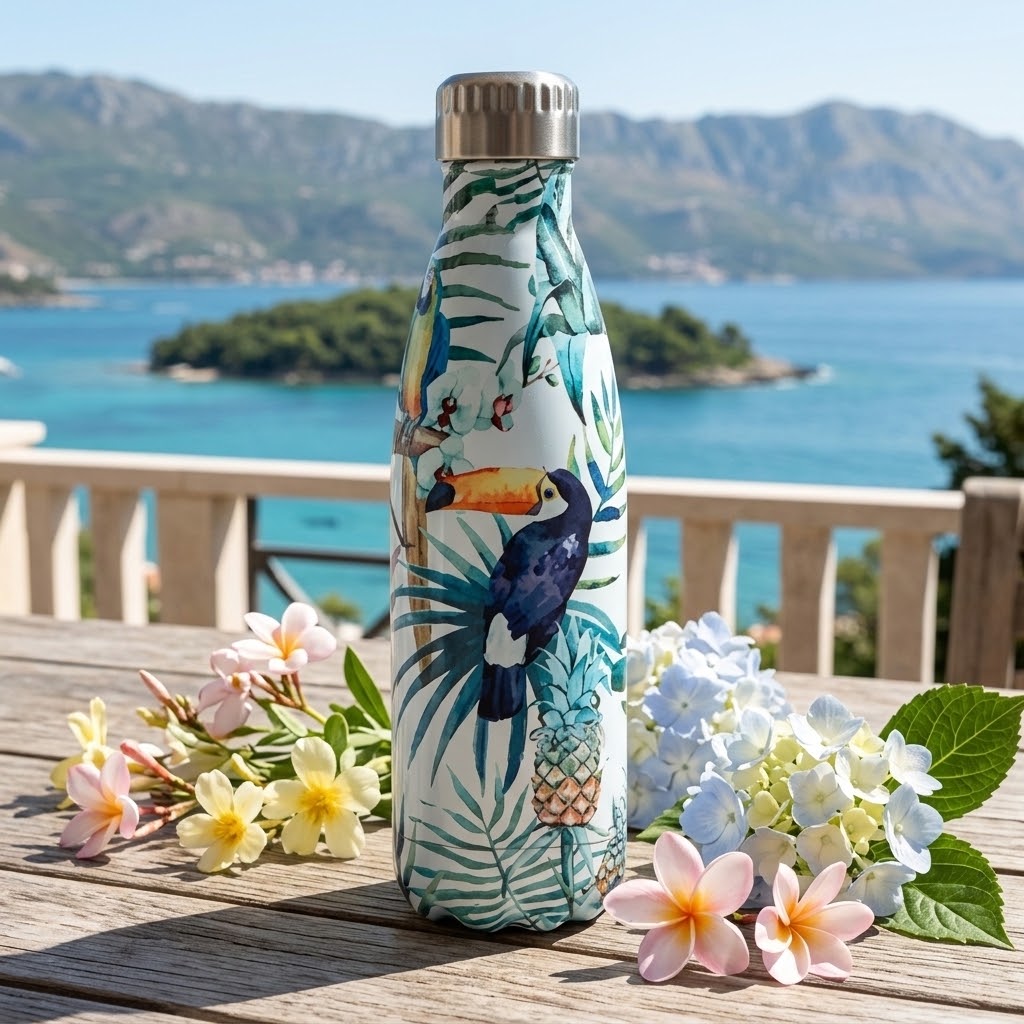 Tropical Stainless Steel Bottle — 500ml on a wooden deck at a resort