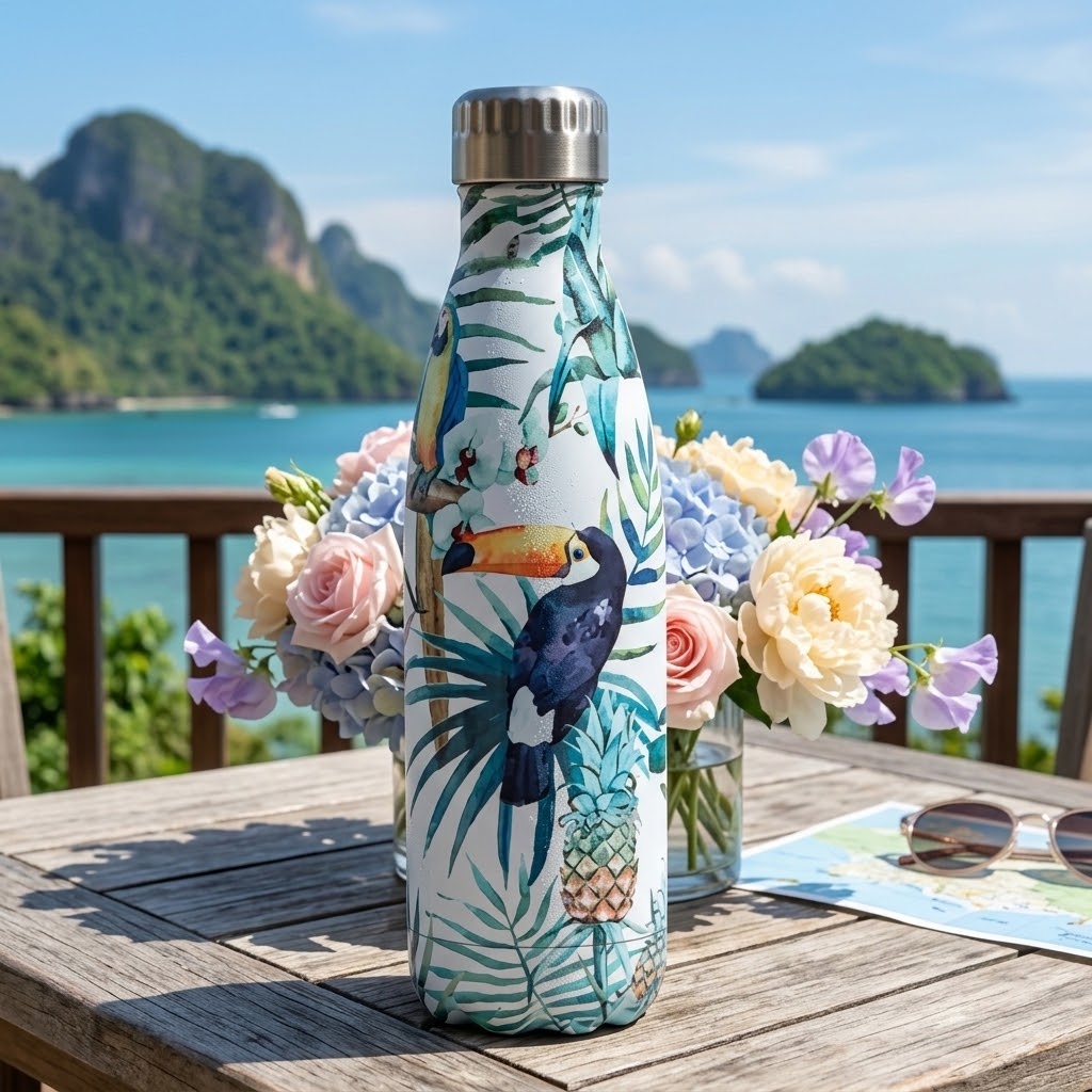 Tropical Stainless Steel Bottle — 500ml on a table with vases, sunglasses and a map
