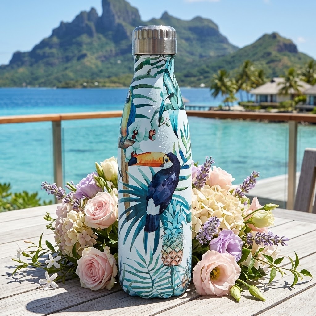 Tropical Stainless Steel Bottle — 500ml with a bouquet of flowers at a resort 