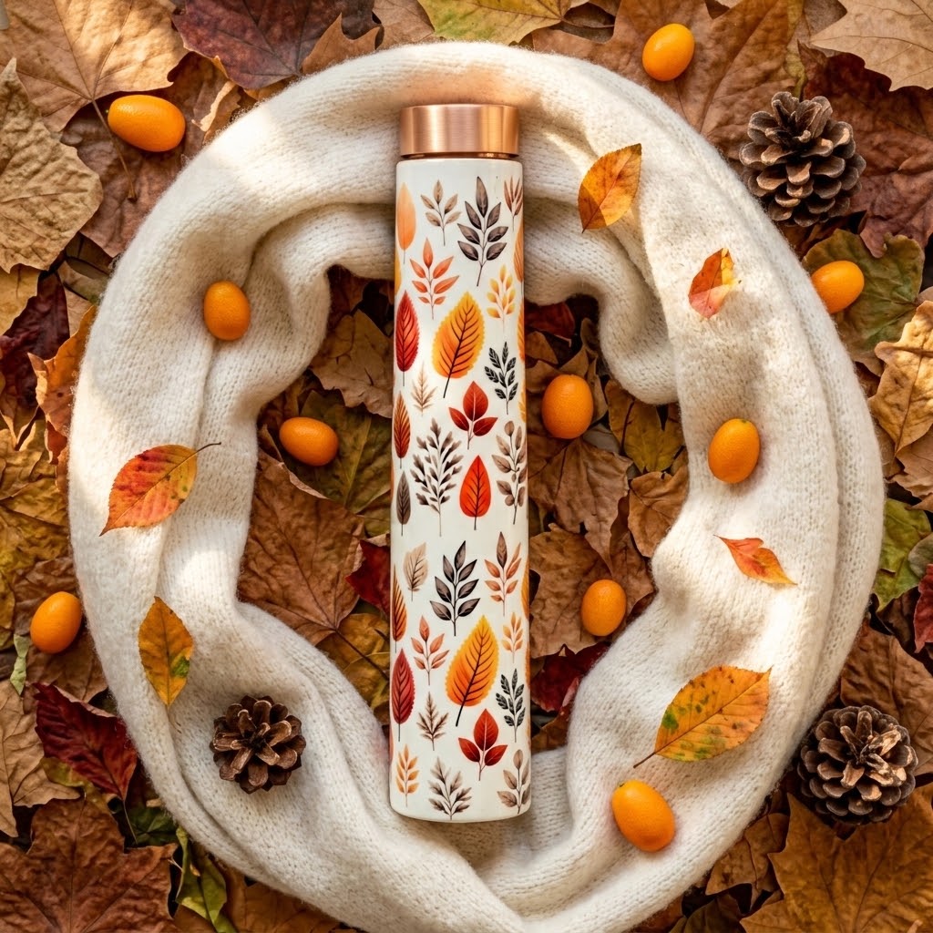 Sowpeace Leaf Elixir Copper Bottle with a scarf on fall leaves