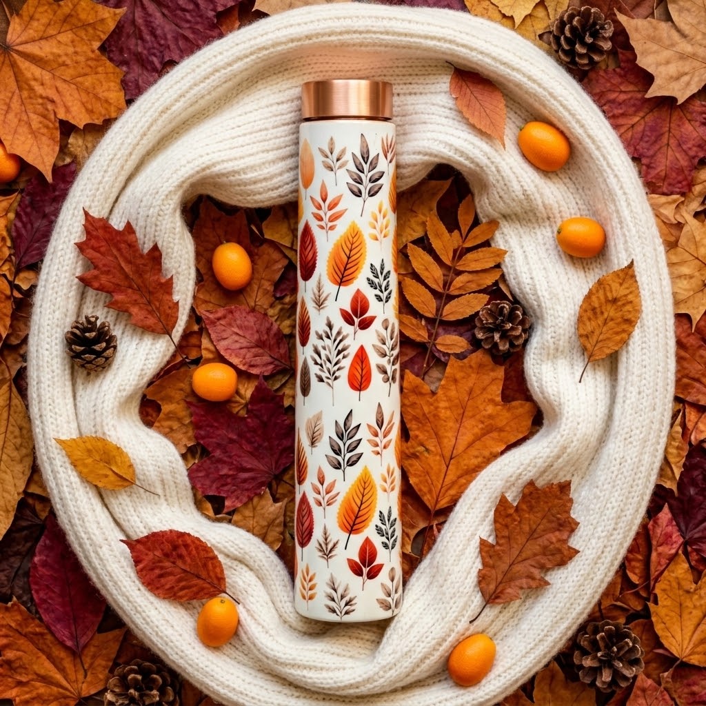Sowpeace Leaf Elixir Copper Bottle on an autumnal background