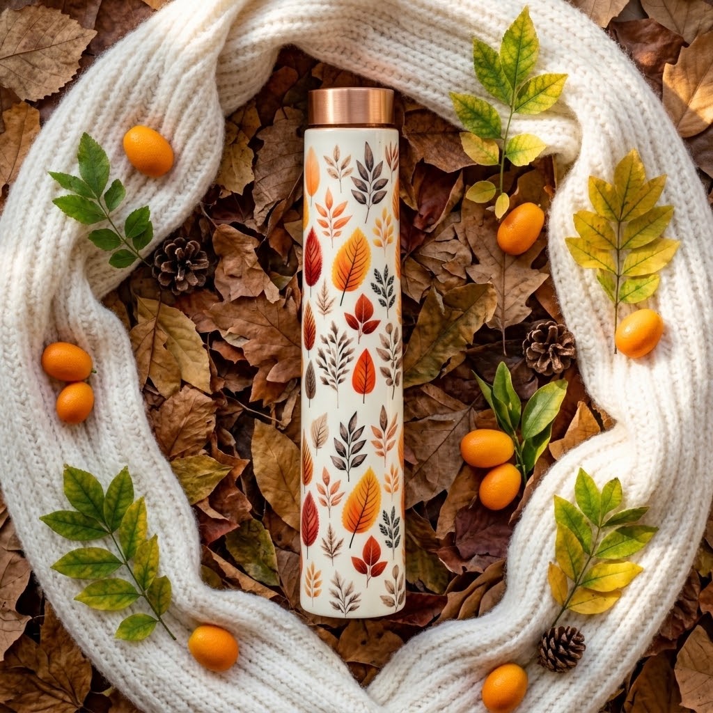 Sowpeace Leaf Elixir Copper Bottle with fall leaves and pinecones