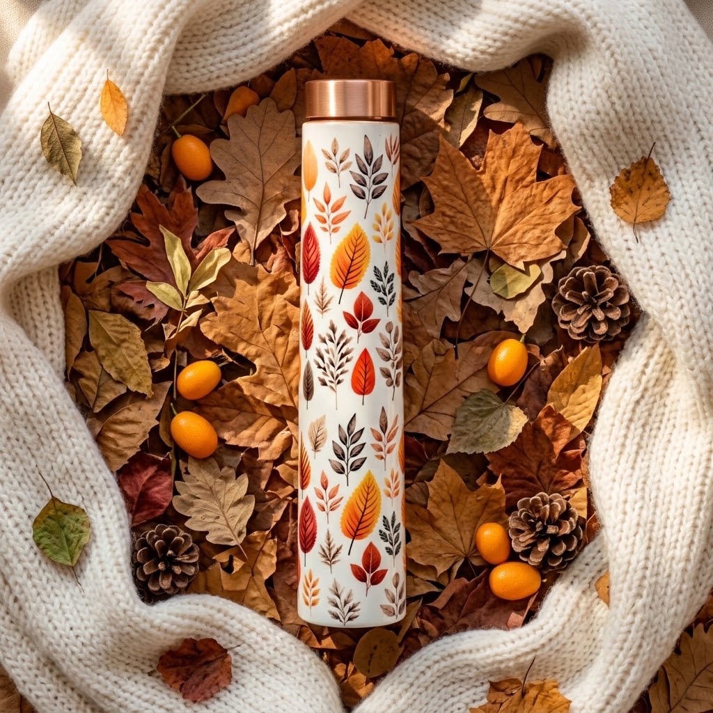 Sowpeace Leaf Elixir Copper Bottle with a scarf, leaves and pinecones
