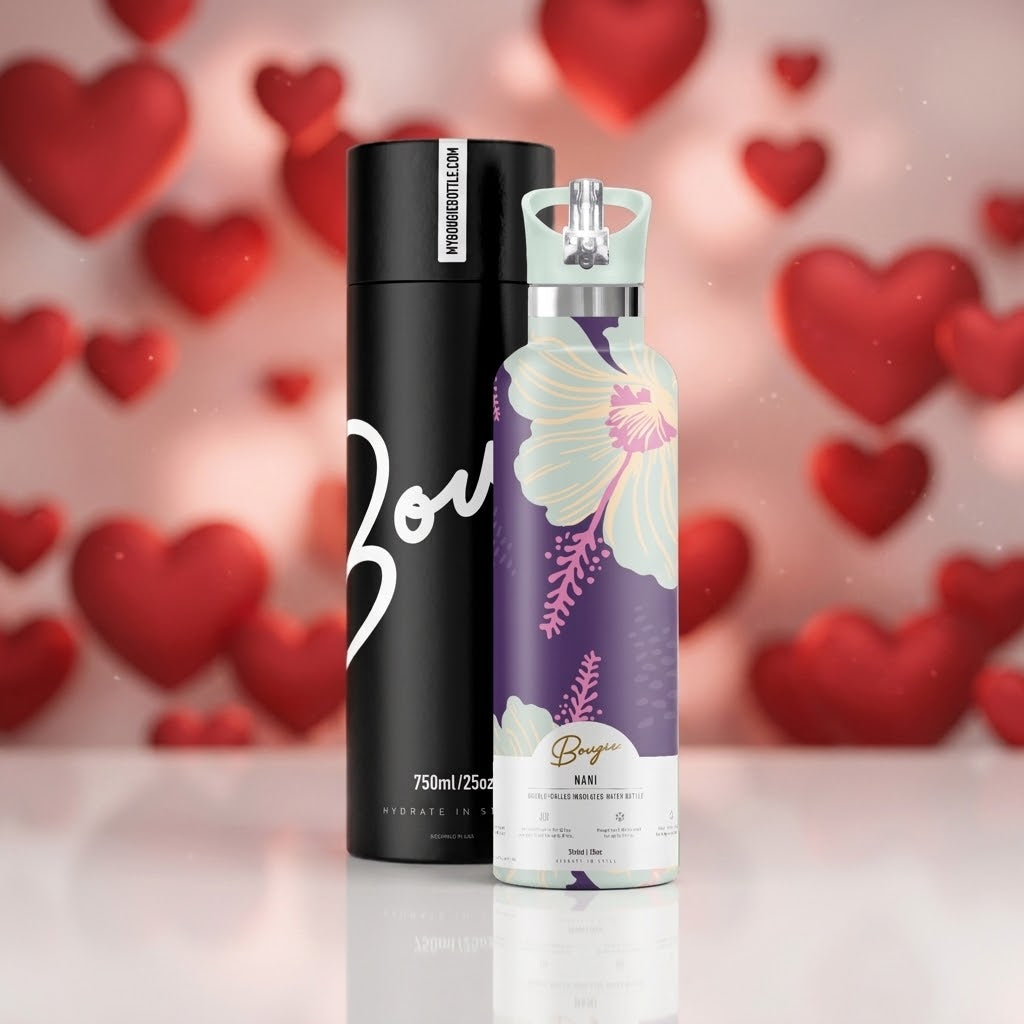 Nani 25 oz Insulated Bottle | 3D Jade Hibiscus on a heart themed background
