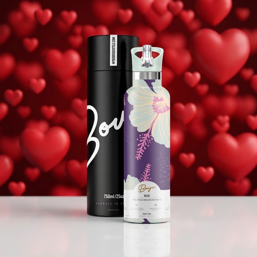 Nani 25 oz Insulated Bottle | 3D Jade Hibiscus on a romantic heart themed background