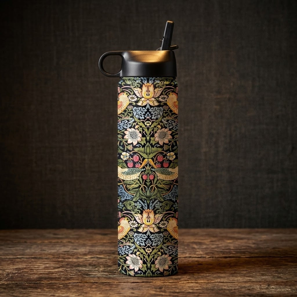 William Morris "Strawberry Thief" 24 oz Insulated Tumbler on a rustic wooden background