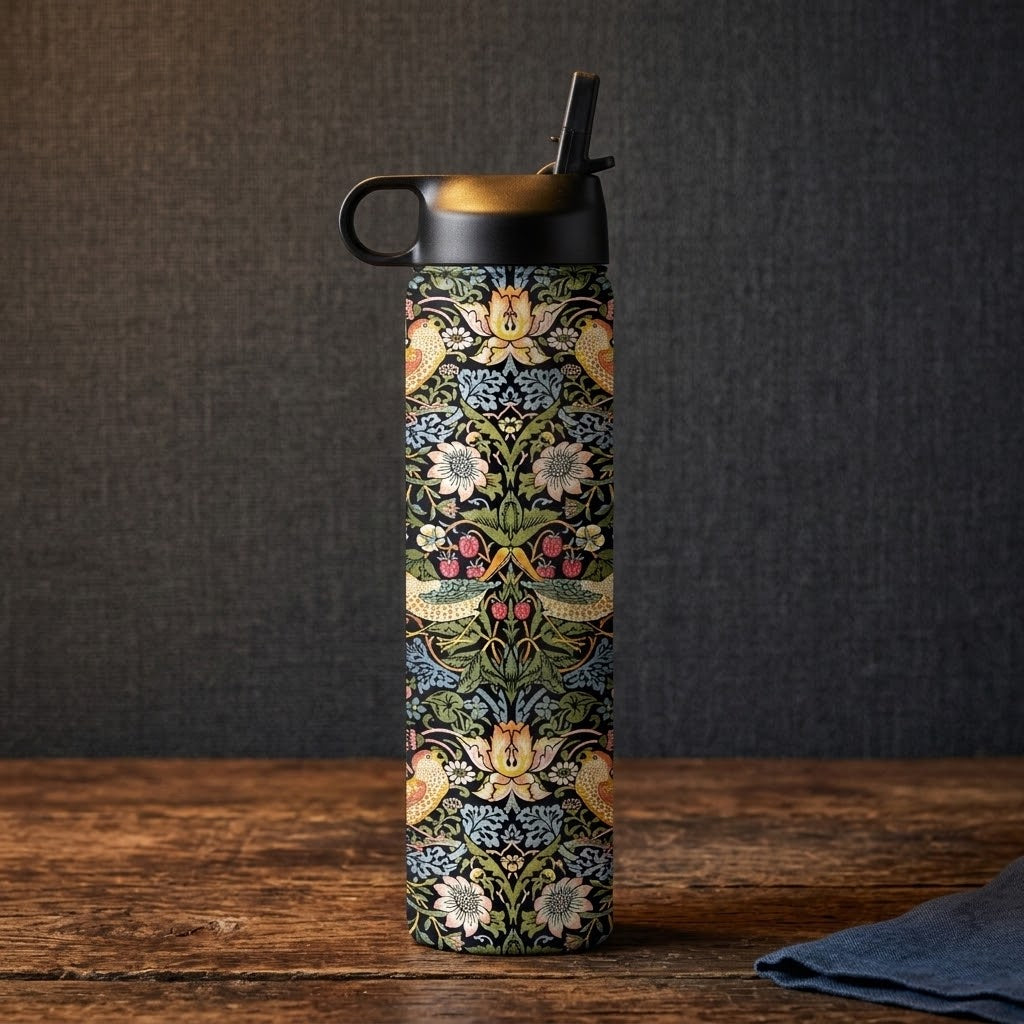 William Morris "Strawberry Thief" 24 oz Insulated Tumbler on a wooden table in a studio