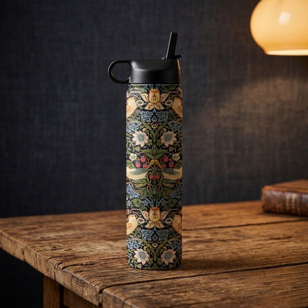 William Morris "Strawberry Thief" 24 oz Insulated Tumbler on a wooden table with a book and lamp