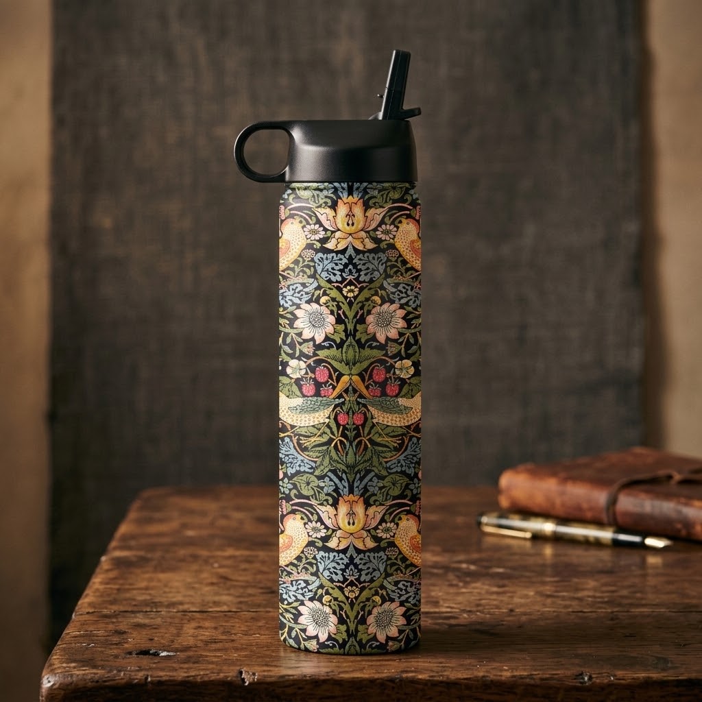 William Morris "Strawberry Thief" 24 oz Insulated Tumbler on a rustic table with a leather-bound diary and pen
