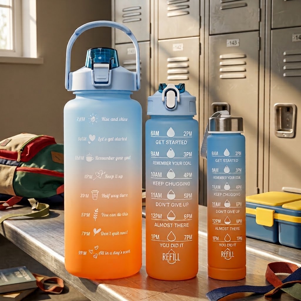 Gradient Athletic Water Bottles — 3-Pack on a metal bench in a locker room