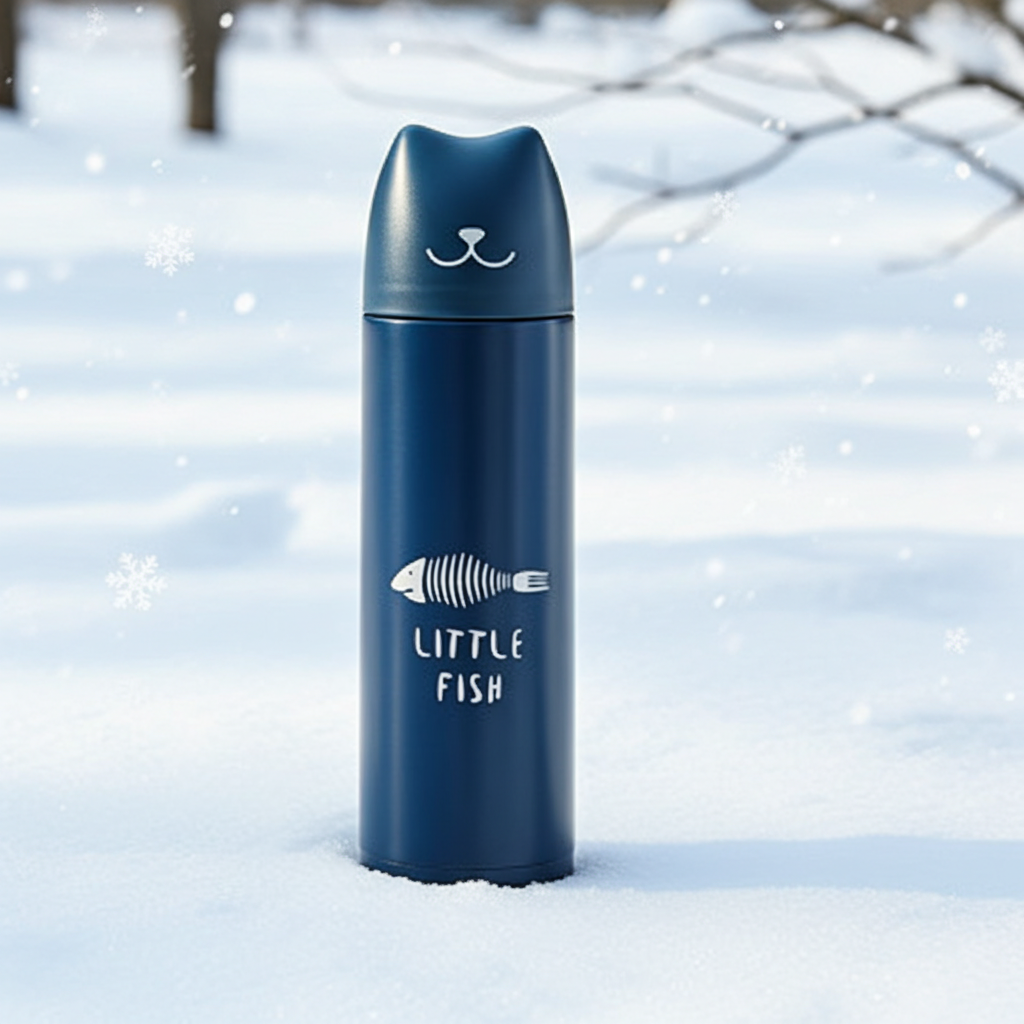 Lovely Cat Stainless Steel Water Bottle in snow while snowflakes rain