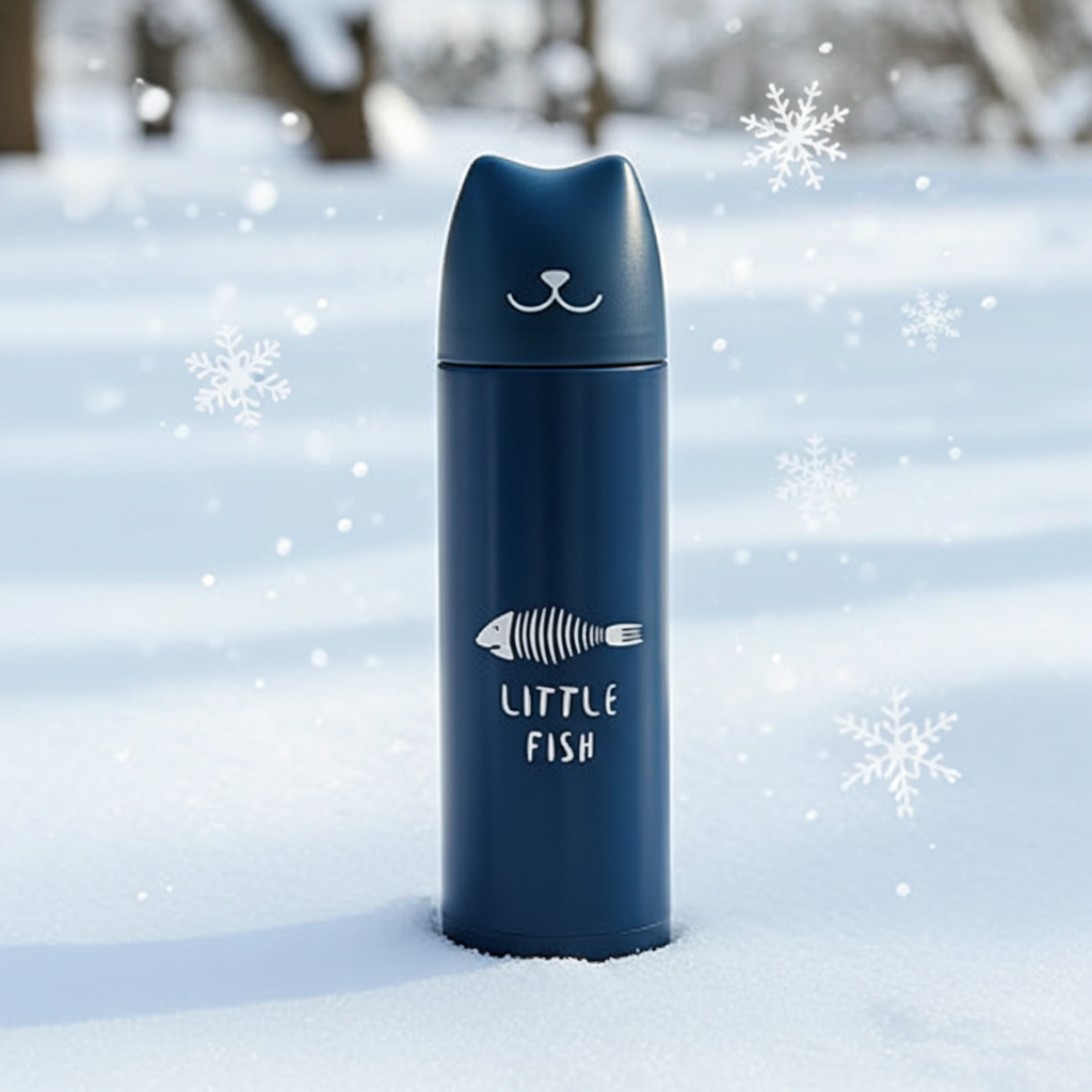 Lovely Cat Stainless Steel Water Bottle in a winter landscape