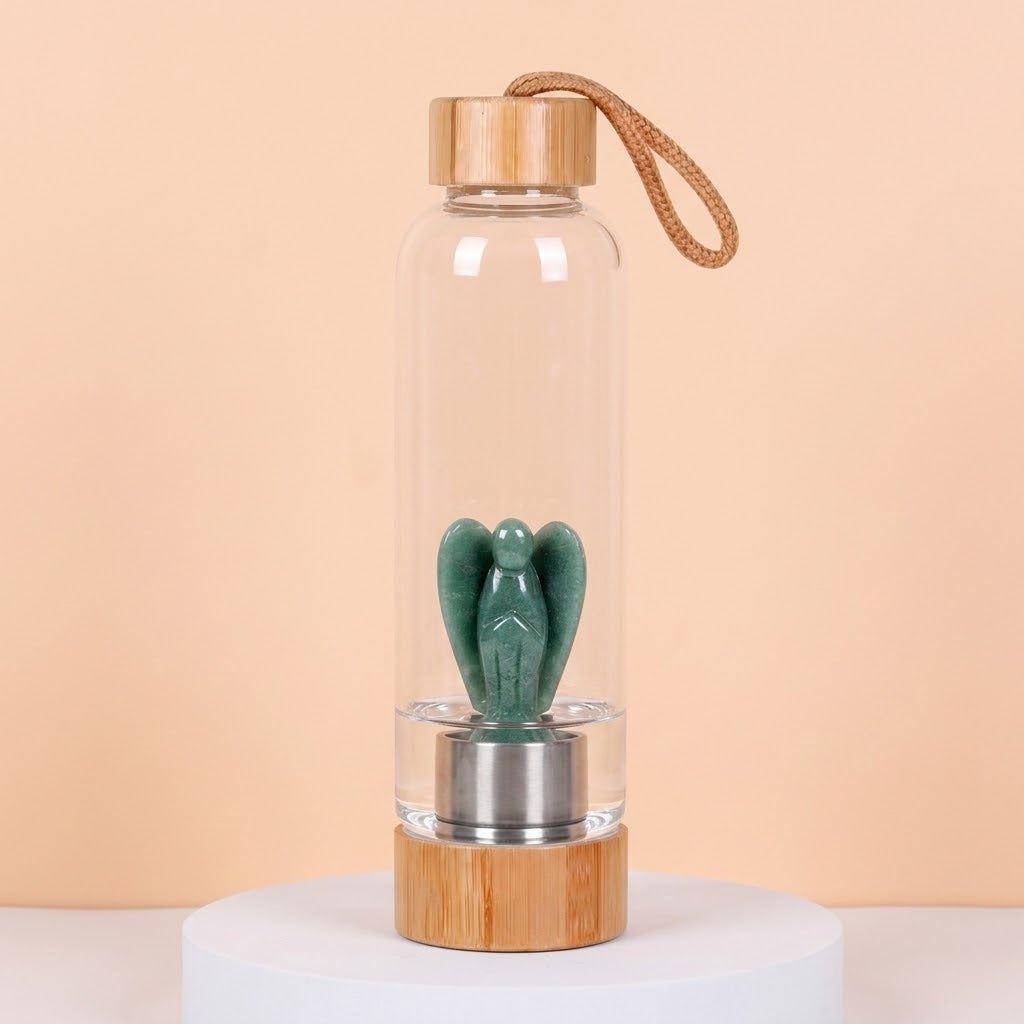 CrystalAura 550ml Gemstone Glass Water Bottle on a cream background