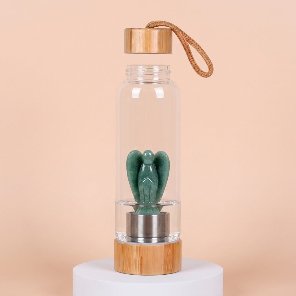 CrystalAura 550ml Gemstone Glass Water Bottle on a beige background