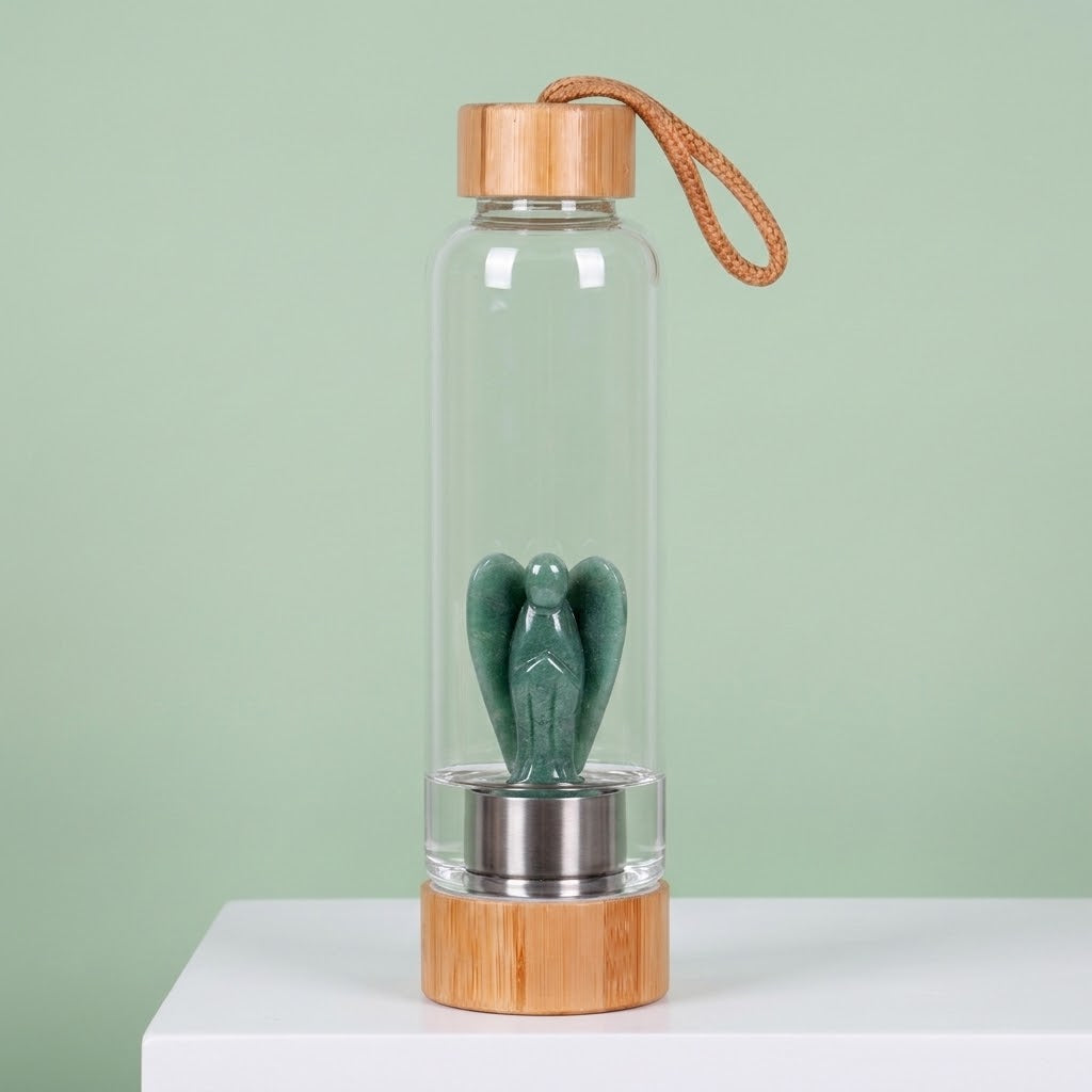 CrystalAura 550ml Gemstone Glass Water Bottle on a green background