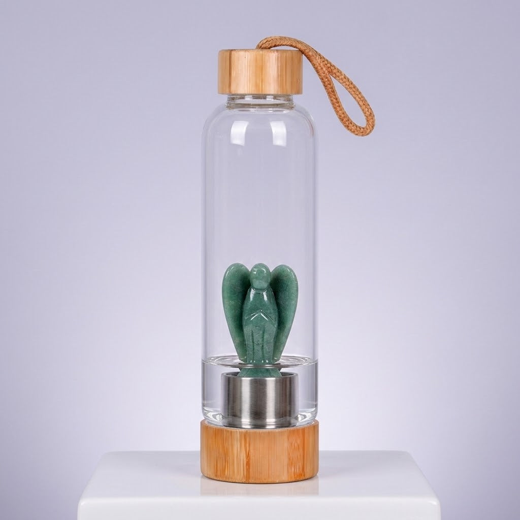 CrystalAura 550ml Gemstone Glass Water Bottle on a violet background