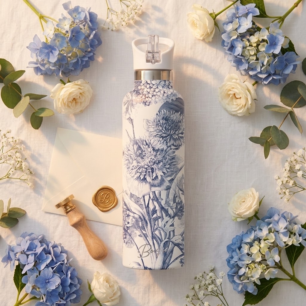 Toile Fleurie 25 oz Insulated Bottle | Blue French Toile with a wedding invite