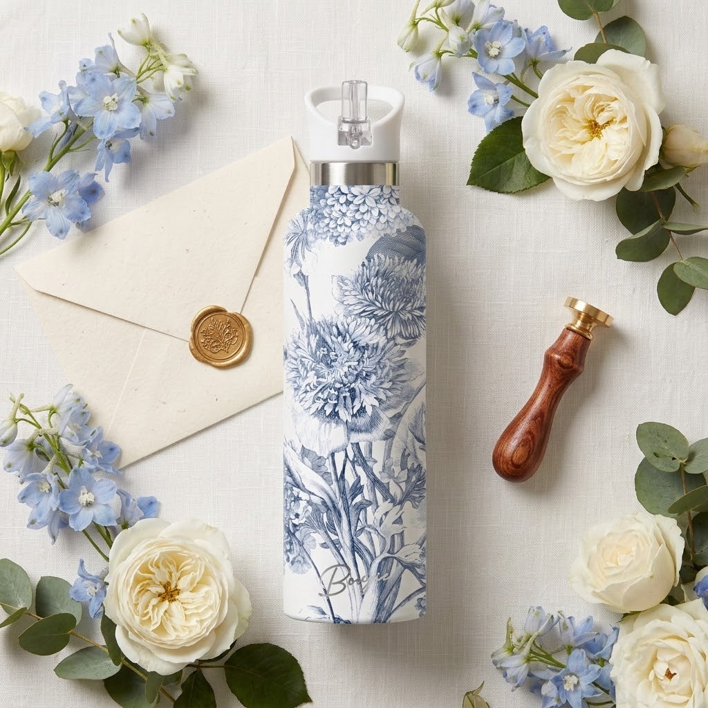 Toile Fleurie 25 oz Insulated Bottle | Blue French Toile with a wedding invite and flowers