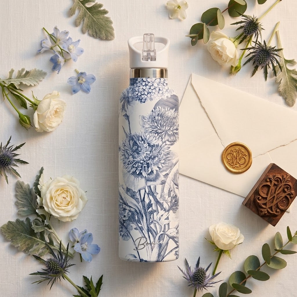 Toile Fleurie 25 oz Insulated Bottle | Blue French Toile on a wedding themed background