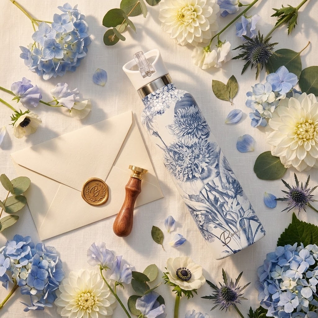 Toile Fleurie 25 oz Insulated Bottle | Blue French Toile in a floral scene
