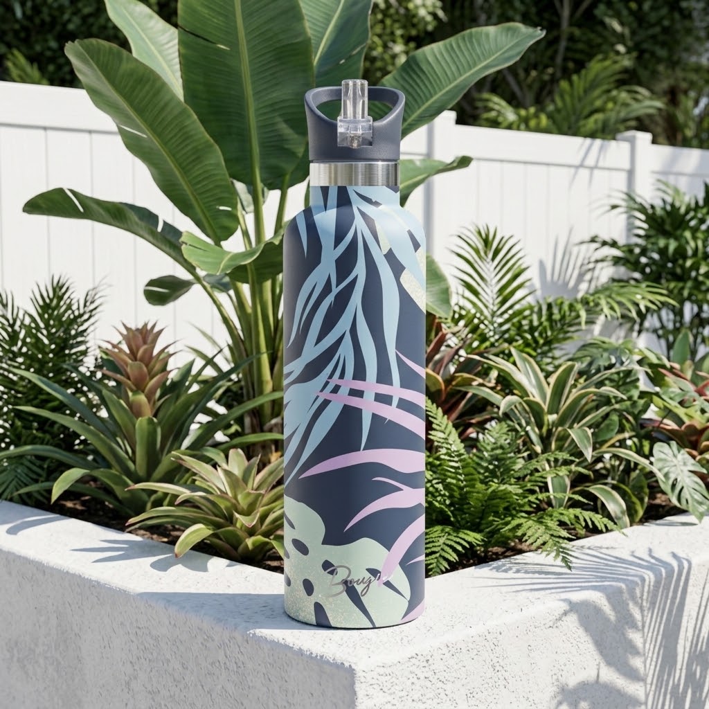 Nahele 25 oz Insulated Bottle | 3D Navy Tropical Palm in a summer garden
