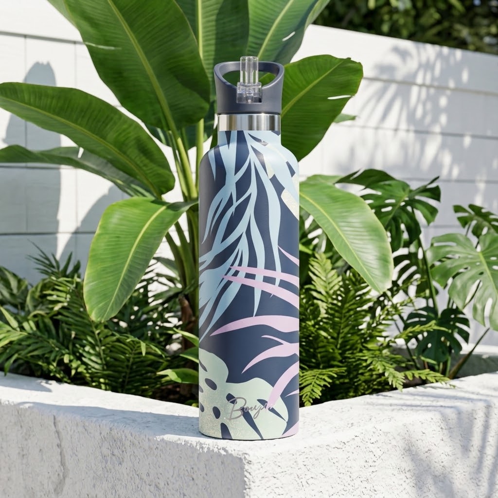 Nahele 25 oz Insulated Bottle | 3D Navy Tropical Palm on a garden ledge