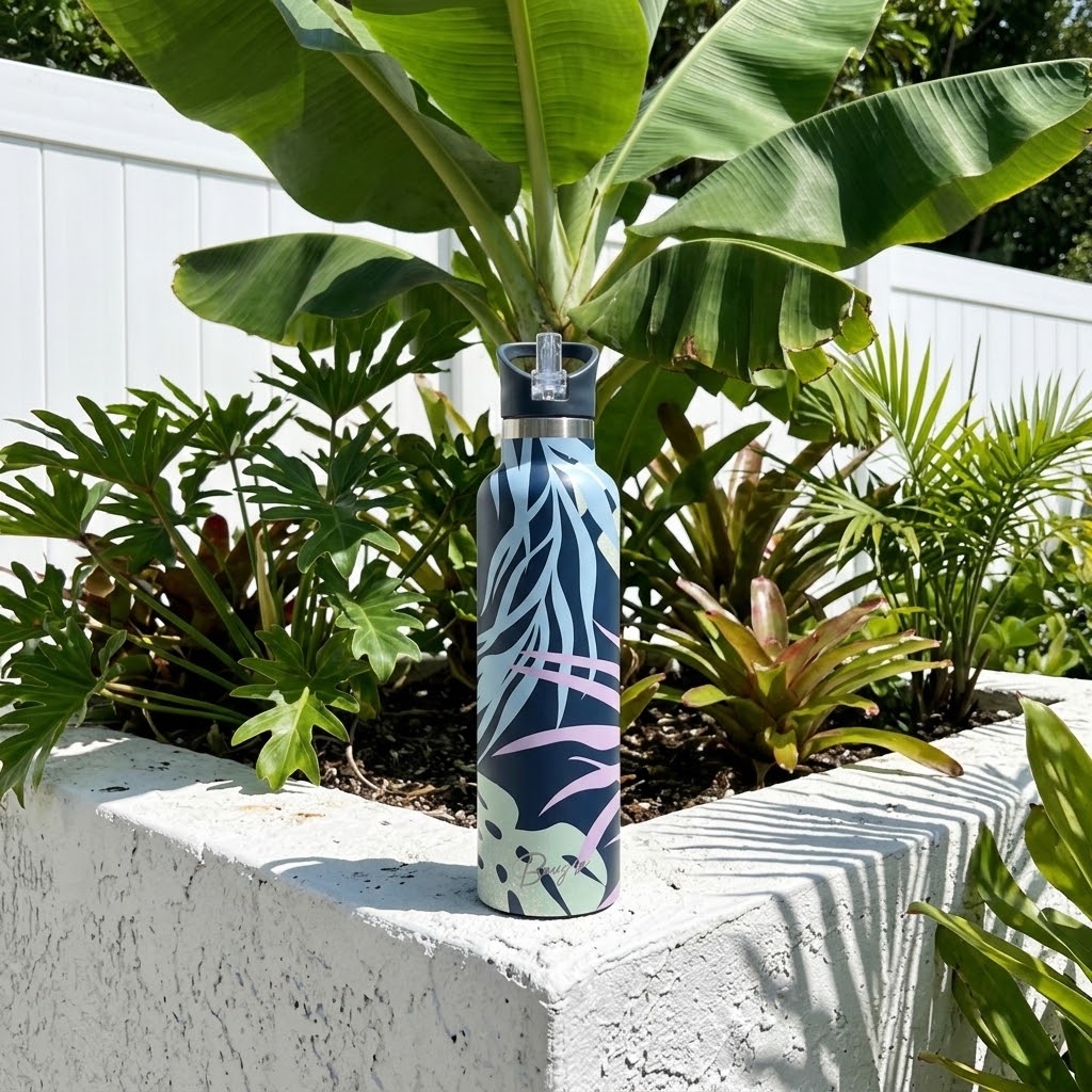 Nahele 25 oz Insulated Bottle | 3D Navy Tropical Palm in a garden with leafy plants