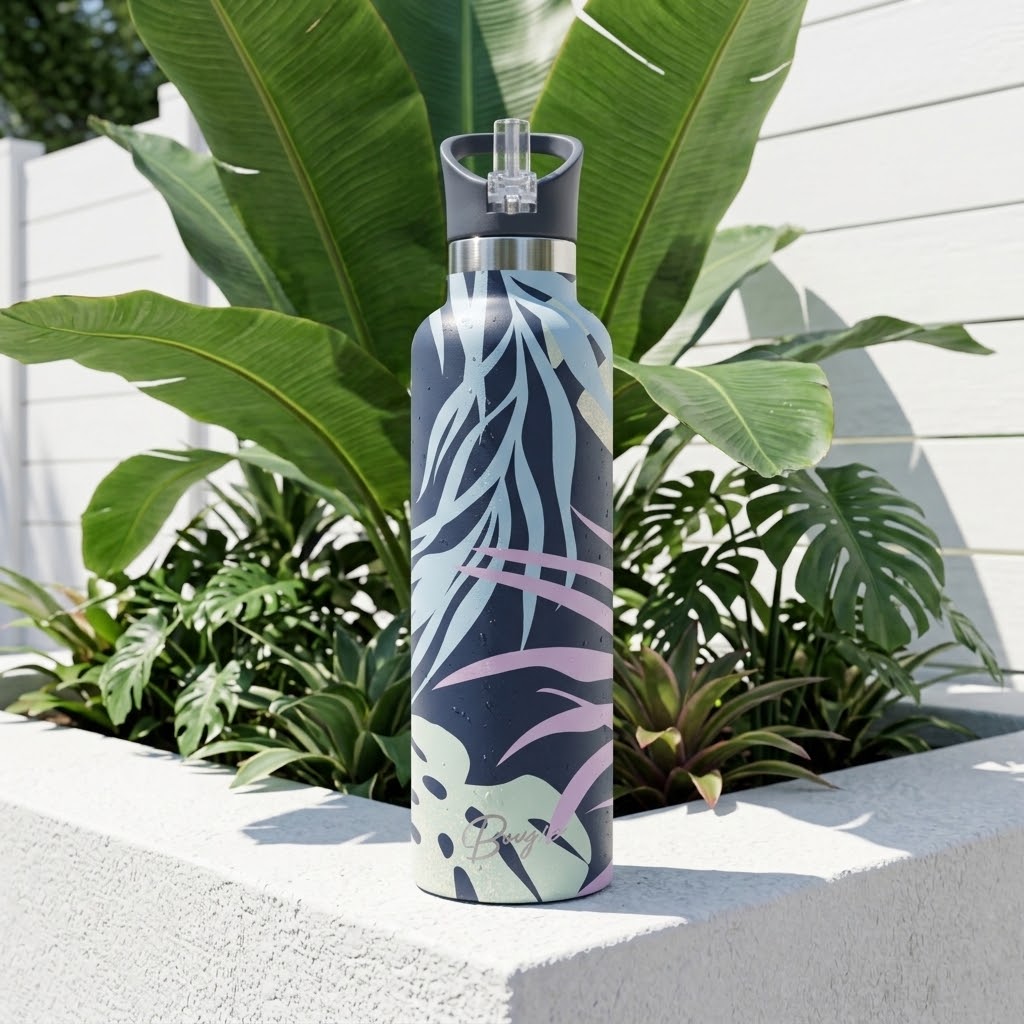 Nahele 25 oz Insulated Bottle | 3D Navy Tropical Palm in a summer garden scene