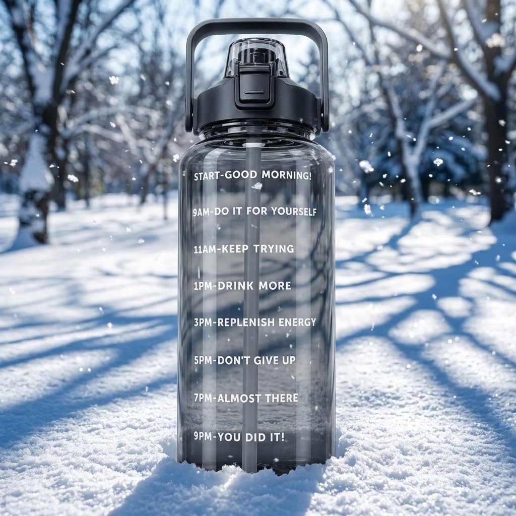 TrailFlow 2L Straw Water Bottle in a winter forest 