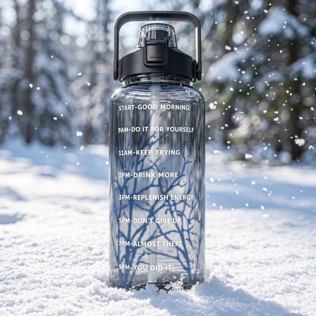 TrailFlow 2L Straw Water Bottle in winter surrounded by snow