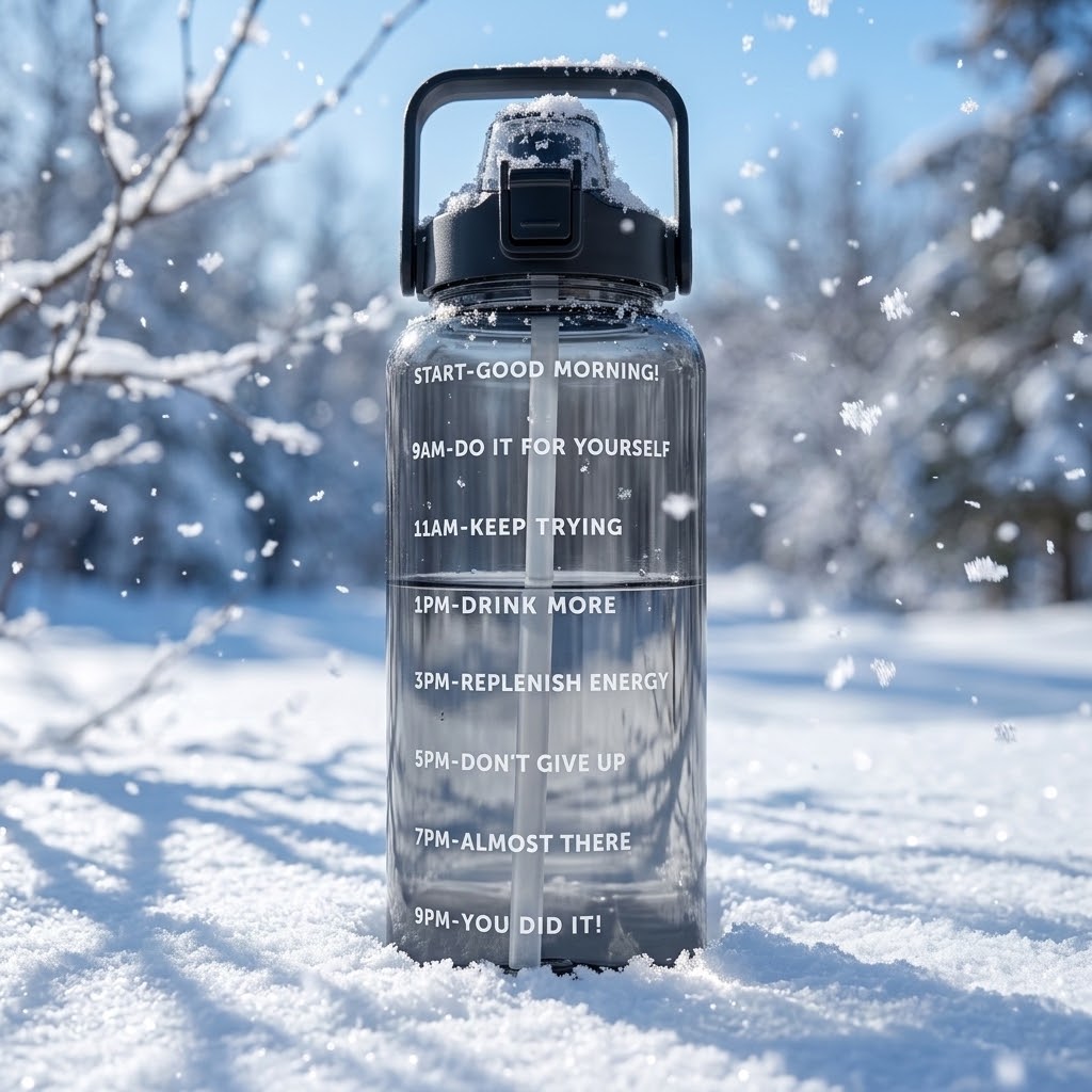 TrailFlow 2L Straw Water Bottle in a snowy woodland