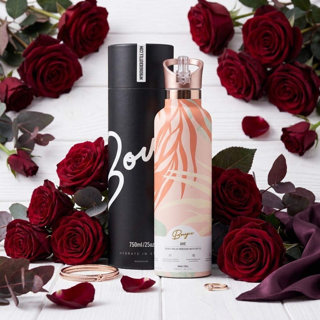 Ahe 25 oz Insulated Bottle | 3D Orange Palm with romantic roses