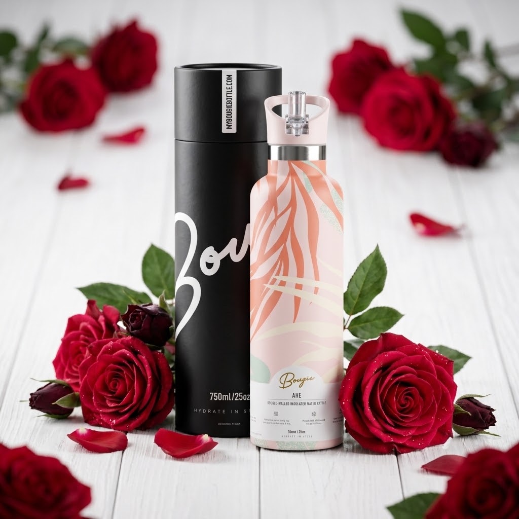 Ahe 25 oz Insulated Bottle | 3D Orange Palm with red roses in a romantic scene