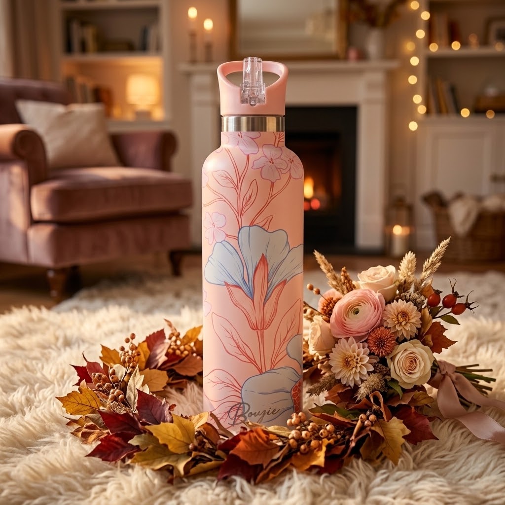 Georgiana 25 oz Insulated Bottle | 3D Peach & Blue Tulip in a fall living room