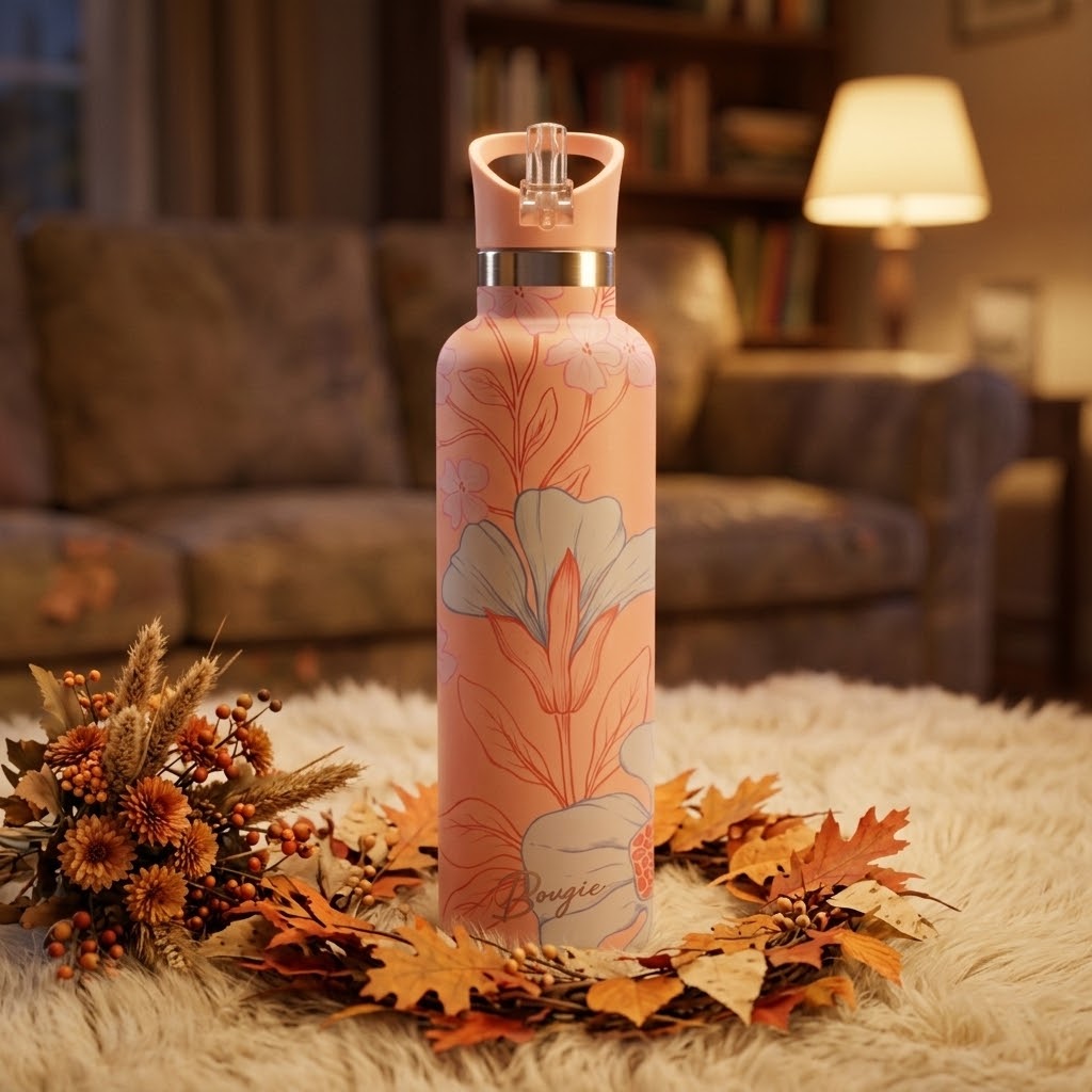 Georgiana 25 oz Insulated Bottle | 3D Peach & Blue Tulip in a cozy living room on a fall evening