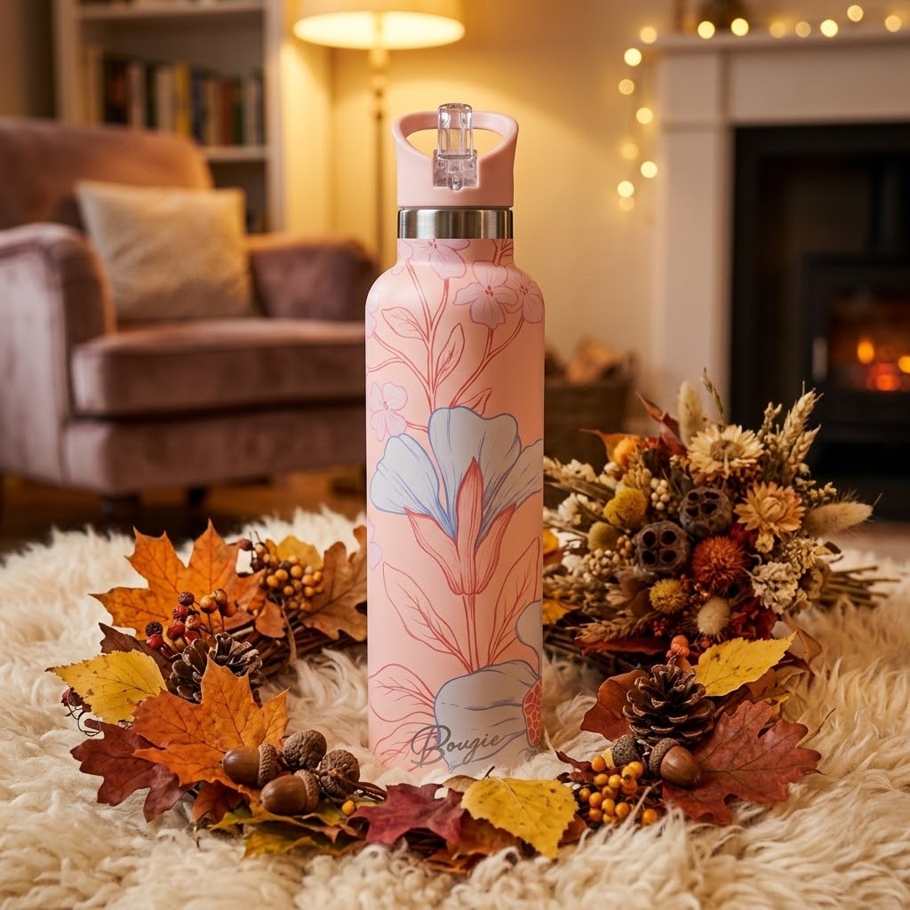 Georgiana 25 oz Insulated Bottle | 3D Peach & Blue Tulip in a living room with a fall wreath 